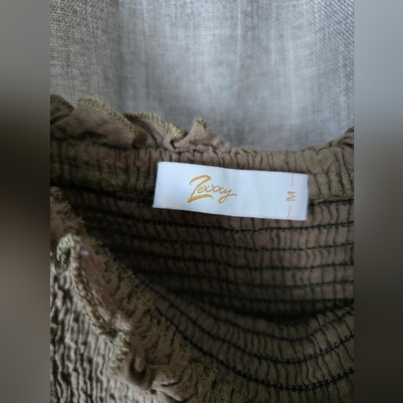 Zexxxy Smocked Square Neck Puff Sleeve Mid Length Dress Green Size M Linen Blend - Picture 4 of 5